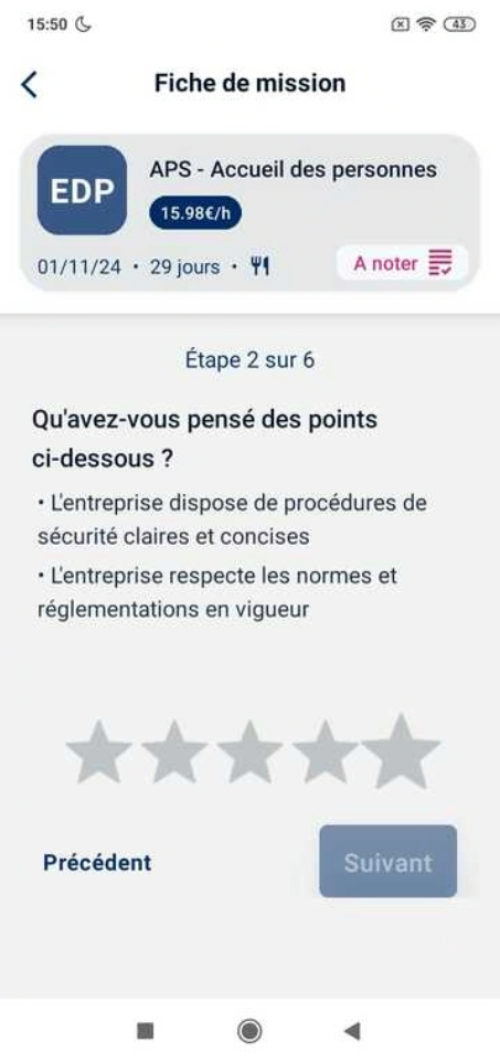 Écran de notation d'une mission avec les 6 questions et le système d'étoiles pour évaluer chaque question